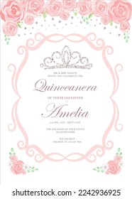 Quinceanera Birthday celebration invitation card for Latin America girl in floral design theme decoration with tiara, beautiful flowers, leaves. Vector illustration.