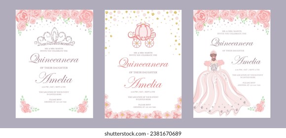 Quinceanera Birthday celebration invitation card for Latin America girl in floral design theme decoration with Princess, beautiful flowers, leaves. Vector illustration.	