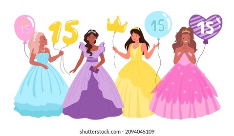 Quinceanera, fiesta de cumpleaños con bonitas ilustraciones vectoriales de chicas. Personajes femeninos adolescentes en caricatura con vestidos morados o rosas, princesa tiara y corona, sosteniendo globos con el número 15 aislados en blanco