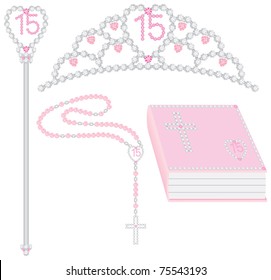 Quinceanera Collection Including Tiara, Scepter, Rosary And Bible. Vector