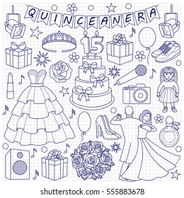 Quinceanera doodle set on squared paper. Girl birthday objects and elements.