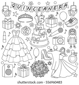 Quinceanera doodle set on white background Girl birthday objects and elements. Coloring page.