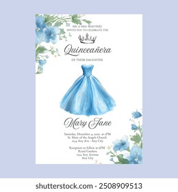 Invitación de fiesta floral azul quinceañera