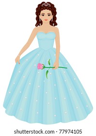 Quinceanera Girl Vector. A pretty Latina girl in a blue gown sparkling with rhinestones ready for Mis Quince. She wears a tiara and holds a rose.