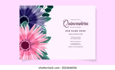 Quinceanera Invite Template for Birthday party of Spanish fifteen 15 year old girl made of colorful spring flowers blossoming joyfully. Ideal for party invitation or greeting card. Vector Illustration