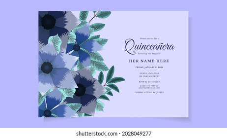 Quinceanera Invite Template For Birthday Party Of Spanish Fifteen 15 Year Old Girl Made Of Colorful Spring Flowers Blossoming Joyfully. Ideal For Party Invitation Or Greeting Card. Vector Illustration
