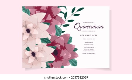 Quinceanera Invite Template for Birthday party of Spanish fifteen 15 year old girl made of colorful spring flowers blossoming joyfully. Ideal for party invitation or greeting card. Vector Illustration