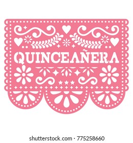 Quinceanera Papel Picado vector design - Mexican folk art birthday party design, paper decoration with floral pattern.
Cut out paper template with flowers and abstract shapes, festive floral