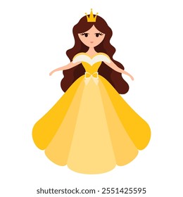 Quinceanera princess character. Young girl in a fluffy dress with a crown. Happy Birthday, fifteen years. Greeting Card or Invitation. Vector illustration, flat cartoon style.