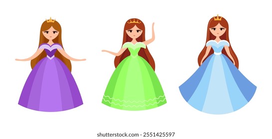 Personagem de princesa Quinceanera. Menina de vestido macio com coroa. Feliz aniversário, quinze anos. Cartão ou Convite. Ilustração vetorial, estilo cartoon plano.