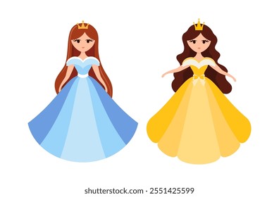 Quinceanera princess character. Young girl in a fluffy dress with a crown. Happy Birthday, fifteen years. Greeting Card or Invitation. Vector illustration, flat cartoon style.