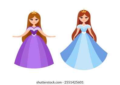 Quinceanera princess character. Young girl in a fluffy dress with a crown. Happy Birthday, fifteen years. Greeting Card or Invitation. Vector illustration, flat cartoon style.