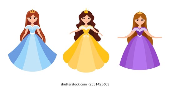 Quinceanera princess character. Young girl in a fluffy dress with a crown. Happy Birthday, fifteen years. Greeting Card or Invitation. Vector illustration, flat cartoon style.