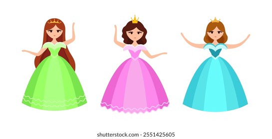 Quinceanera princess character. Young girl in a fluffy dress with a crown. Happy Birthday, fifteen years. Greeting Card or Invitation. Vector illustration, flat cartoon style.