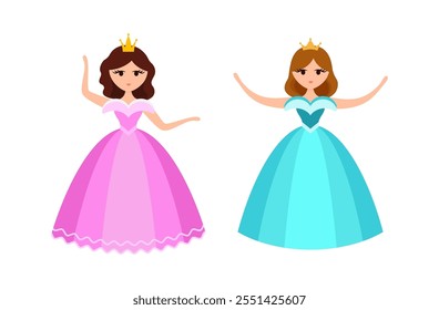 Quinceanera princess character. Young girl in a fluffy dress with a crown. Happy Birthday, fifteen years. Greeting Card or Invitation. Vector illustration, flat cartoon style.