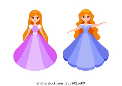 Quinceanera princess character. Young girl in a fluffy dress with a crown. Happy Birthday, fifteen years. Greeting Card or Invitation. Vector illustration, flat cartoon style.