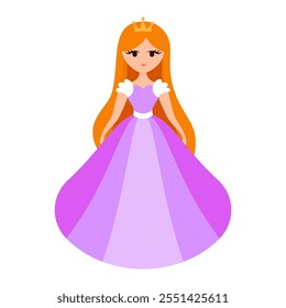 Quinceanera princess character. Young girl in a fluffy dress with a crown. Happy Birthday, fifteen years. Greeting Card or Invitation. Vector illustration, flat cartoon style.