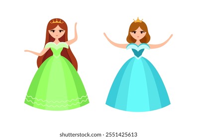 Quinceanera princess character. Young girl in a fluffy dress with a crown. Happy Birthday, fifteen years. Greeting Card or Invitation. Vector illustration, flat cartoon style.