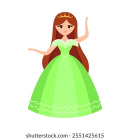 Personagem de princesa Quinceanera. Menina de vestido macio com coroa. Feliz aniversário, quinze anos. Cartão ou Convite. Ilustração vetorial, estilo cartoon plano.