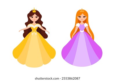 Quinceanera princess character. Young girl in a fluffy dress with a crown. Happy Birthday, fifteen years. Greeting Card or Invitation. Vector illustration, flat cartoon style.