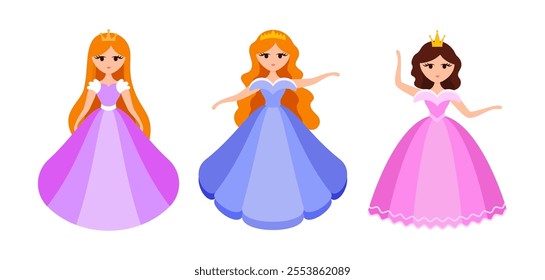 Quinceanera princess character. Young girl in a fluffy dress with a crown. Happy Birthday, fifteen years. Greeting Card or Invitation. Vector illustration, flat cartoon style.