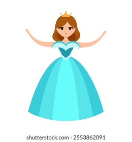 Quinceanera princess character. Young girl in a fluffy dress with a crown. Happy Birthday, fifteen years. Greeting Card or Invitation. Vector illustration, flat cartoon style.