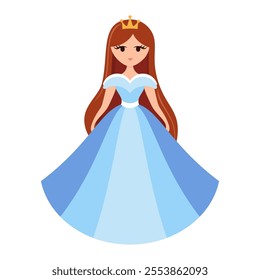 Quinceanera princess character. Young girl in a fluffy dress with a crown. Happy Birthday, fifteen years. Greeting Card or Invitation. Vector illustration, flat cartoon style.