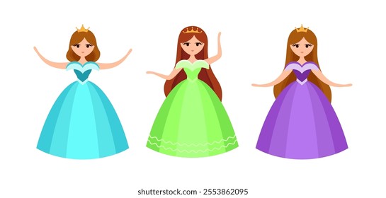 Quinceanera princess character. Young girl in a fluffy dress with a crown. Happy Birthday, fifteen years. Greeting Card or Invitation. Vector illustration, flat cartoon style.