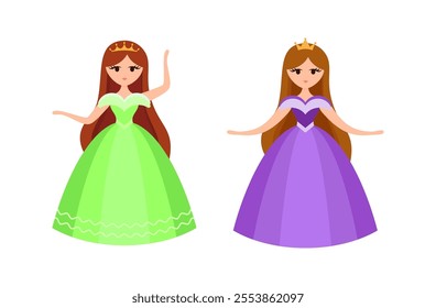 Quinceanera princess character. Young girl in a fluffy dress with a crown. Happy Birthday, fifteen years. Greeting Card or Invitation. Vector illustration, flat cartoon style.