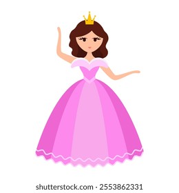 Quinceanera princess character. Young girl in a fluffy dress with a crown. Happy Birthday, fifteen years. Greeting Card or Invitation. Vector illustration, flat cartoon style.