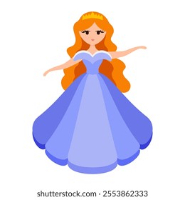 Quinceanera princess character. Young girl in a fluffy dress with a crown. Happy Birthday, fifteen years. Greeting Card or Invitation. Vector illustration, flat cartoon style.