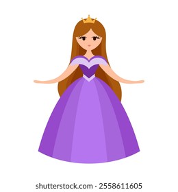 Quinceanera princess character. Young girl in a fluffy dress with a crown. Happy Birthday, fifteen years. Greeting Card or Invitation. Vector illustration, flat cartoon style.