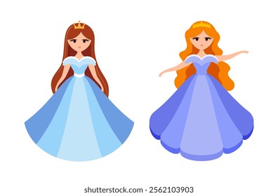 Quinceanera princess character. Young girl in a fluffy dress with a crown. Happy Birthday, fifteen years. Greeting Card or Invitation. Vector illustration, flat cartoon style.