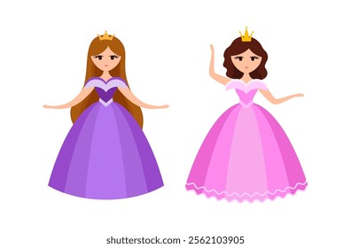 Quinceanera princess character. Young girl in a fluffy dress with a crown. Happy Birthday, fifteen years. Greeting Card or Invitation. Vector illustration, flat cartoon style.