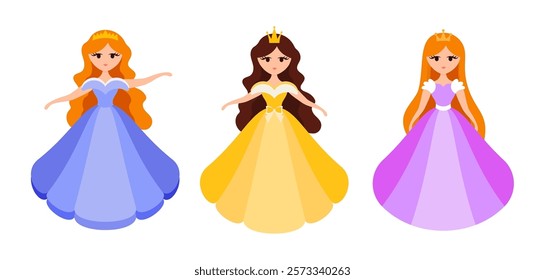 Quinceanera princess character. Young girl in a fluffy dress with a crown. Happy Birthday, fifteen years. Greeting Card or Invitation. Vector illustration, flat cartoon style.