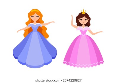 Quinceanera princess character. Young girl in a fluffy dress with a crown. Happy Birthday, fifteen years. Greeting Card or Invitation. Vector illustration, flat cartoon style.