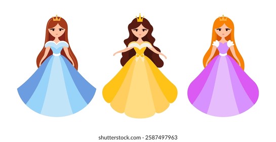 Quinceanera princess character. Young girl in a fluffy dress with a crown. Happy Birthday, fifteen years. Greeting Card or Invitation. Vector illustration, flat cartoon style.