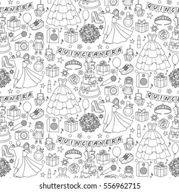 Quinceanera seamless pattern on white background. Wallpaper with girl birthday objects and elements.