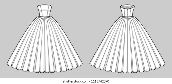 Quinceanera, wedding, ball gown dress. Corset bodice with strapless straight across neckline, seam at waist, back zip clasp, flared skirt with pleats. Back and front. Technical flat sketch, vector.