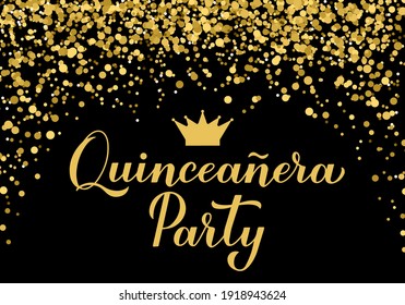 Cartel del partido Quinceannera. Afiche de tipografía de la fiesta de cumpleaños número 15. Decoración de confeti negro y dorado. Plantilla de vectores. 