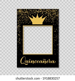 Quinceannera photo booth frame on a transparent background. 15th Birthday party photobooth props. Black and gold confetti party decorations. Vector template. 