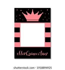 Quinceannera photo booth frame on a transparent background. 15th Birthday party photobooth props. Black and pink party decorations. Vector template. 