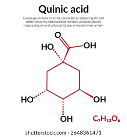Quinic acid, organic compound, molecular structure formula, suitable for education or chemistry science content. Vector illustration