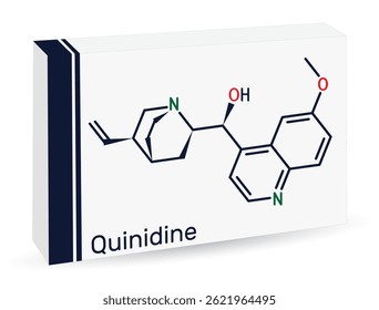 Molécula de quinidina Um medicamento antiarrítmico, inibidor do cyp2d6. Fórmula química esquelética. Embalagem de papel para drogas. Ilustração vetorial