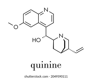 Quinine malaria drug molecule. Isolated from cinchona tree bark. Skeletal formula.