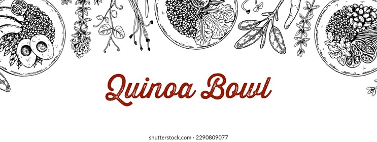 Quinoa bowl background. Hand drawn vector illustration in sketch style. Restaurant menu design