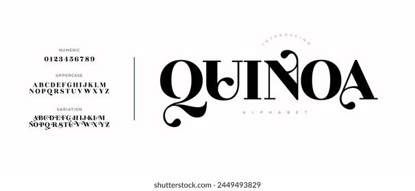 Quinoa elegant Font Uppercase Lowercase and Number. Classic Lettering Minimal Fashion Designs. Typography modern serif fonts regular decorative vintage concept. vector illustration