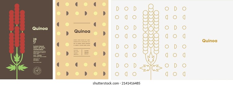 Quinoa. Food and natural products. Set of vector illustrations. Geometric, simple, linear style. Label, cover, price tag, background.