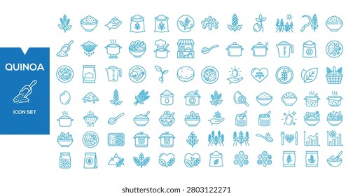 Quinoa Icon Set: A comprehensive collection of minimalist blue line icons representing various aspects of quinoa, including its preparation, consumption, and health benefits.