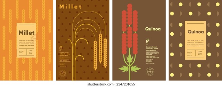 Quinoa. Millet. Set of vector illustrations. Label design, price tag, cover design. Backgrounds and patterns. 